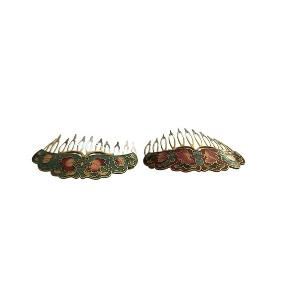 Vintage Lot of 2 Cloisonné Enamel Butterfly Hair Comb Clip Brass - Picture 8 of 10